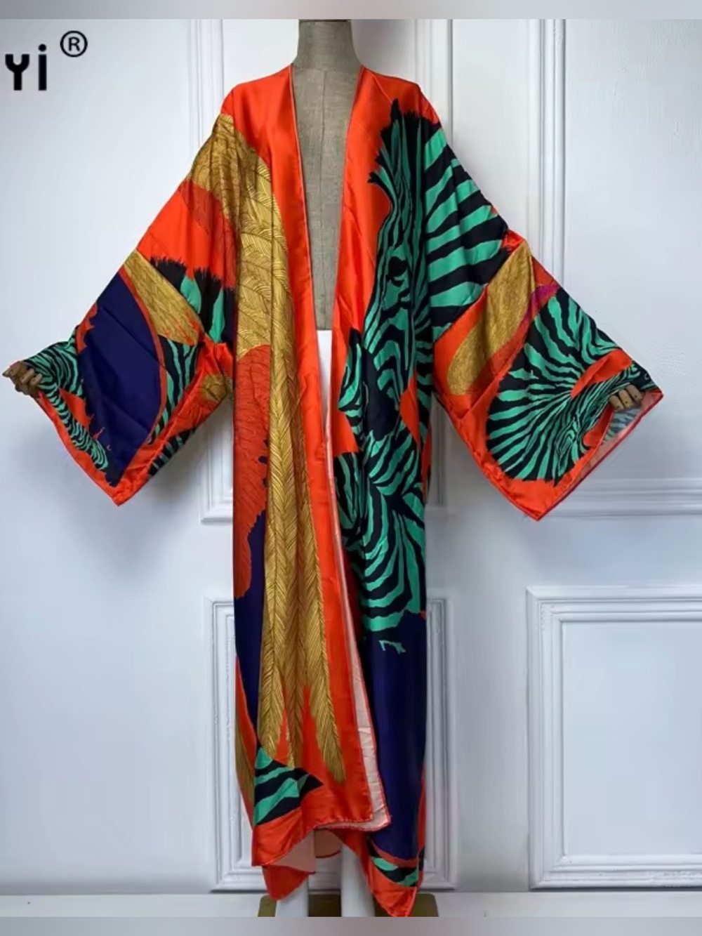 Vibrant Multicolor Satin Kimono Robe with Bold Prints